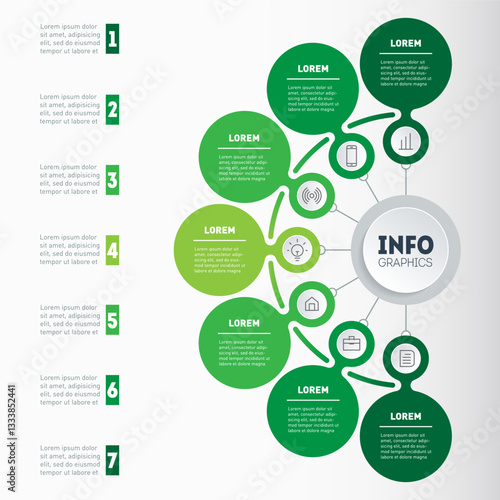 Modern Green Infographic Tree: 7-Step Business Process Visualization with Icons for Reports, Presentations & Marketing Materials.