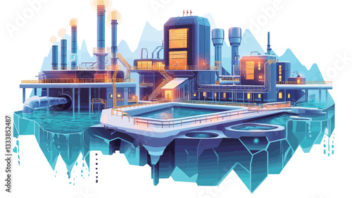 Isometric illustration depicting a futuristic industrial complex situated on a floating island.  The complex features various buildings, structures, and industrial equipment, including smokestacks