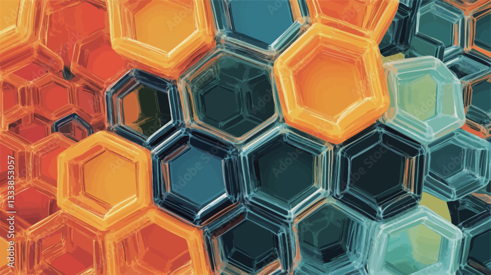 Close-up view of an abstract image featuring a repeating pattern of hexagons. The hexagons are rendered in shades of orange, blue, and teal, appearing glossy and three-dimensional.  The hexagons