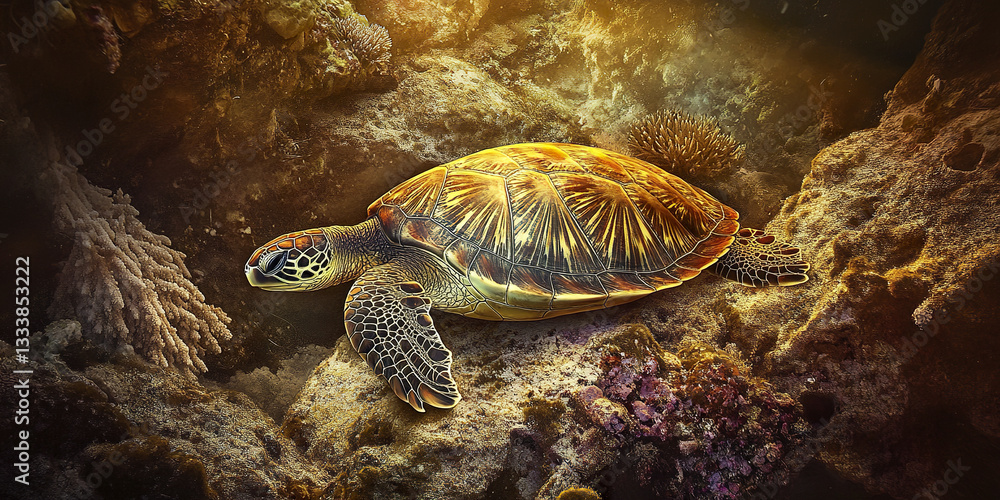 Fototapeta premium peaceful turtle resting on coral outcrop underwater