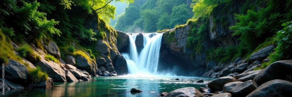 Fototapeta premium Water cascades down rocky cliffs amidst dense forest, terrain, forest, rock