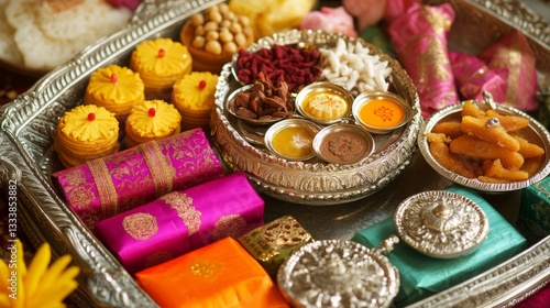 Festive Indian Sweets And Gifts Arranged On A Silver Tray