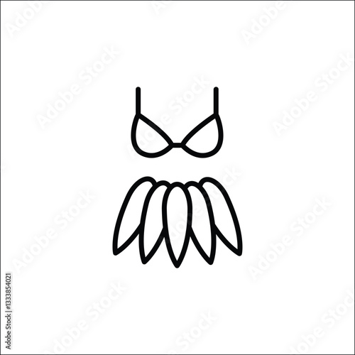 Hula costume icon. Minimal line art illustration of a traditional hula dance outfit with a bikini top and grass skirt. Perfect for Hawaiian, tropical, and summer designs. Vector illustration