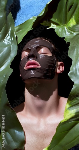 A young man with a glossy dark facial mask reclines with closed eyes, framed by lush green leaves, evoking themes of skincare, relaxation, and nature-inspired beauty. photo