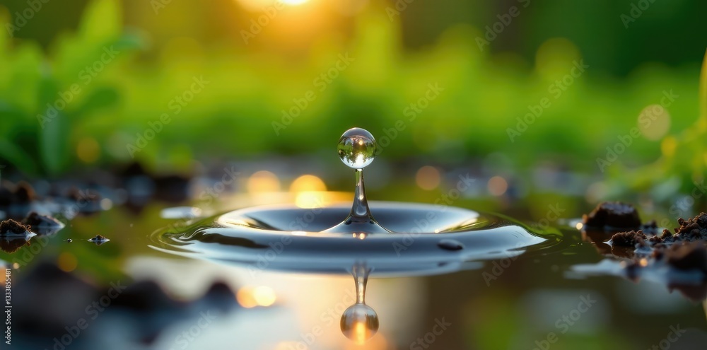 Naklejka premium Water droplet suspended in mid-air, forming a tiny rainbow, agricultural scene, farming
