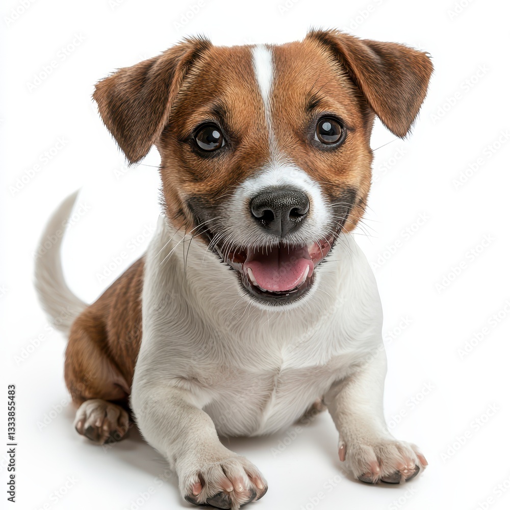 Happy Jack Russell Terrier Puppy Sitting on White Background with Bright Eyes and Playful Expression Happy Jack Russell Terrier Puppy Sitting on White Background with Bright Eyes and Playful Expression