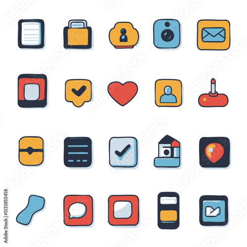 collection of colorful, hand drawn style icons including document, folder, user, camera, envelope, heart, and more, representing various digital and communication concepts
