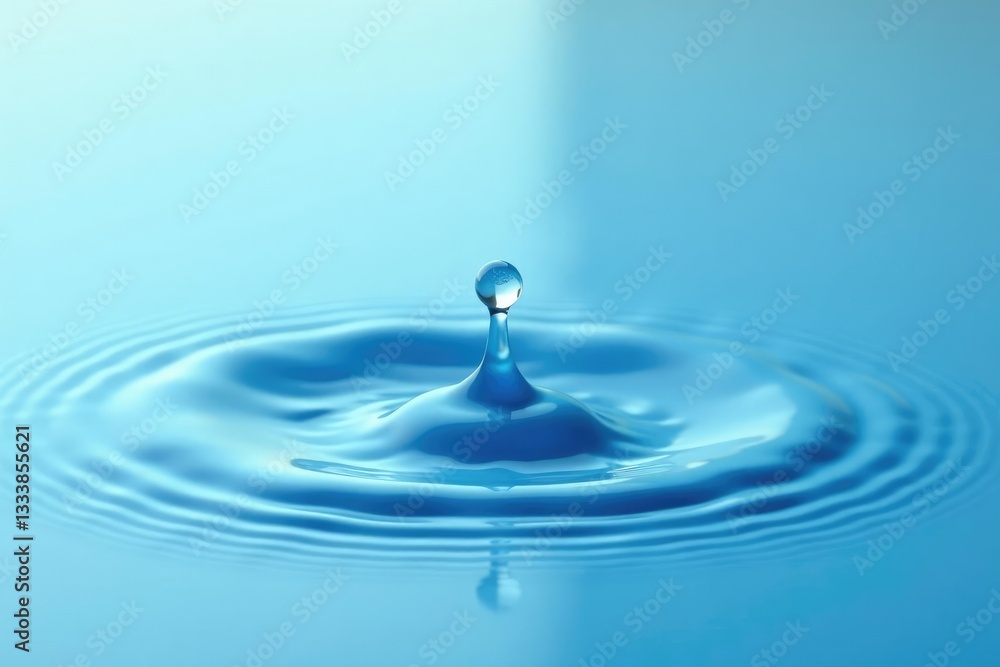 Water droplet with a slight ripple effect on a light blue surface, blue, water
