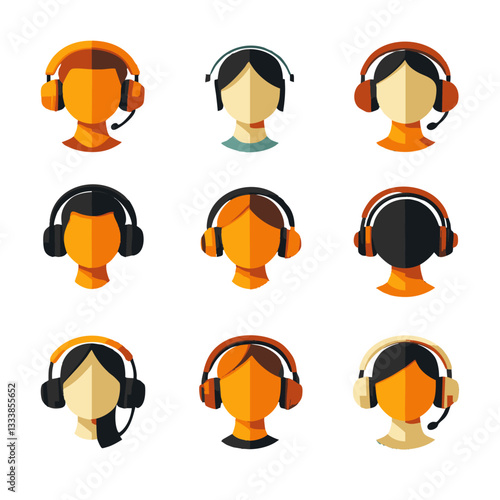 Illustration of diverse customer service representatives with headsets, showcasing various styles and colors. image emphasizes communication and support in modern, abstract design