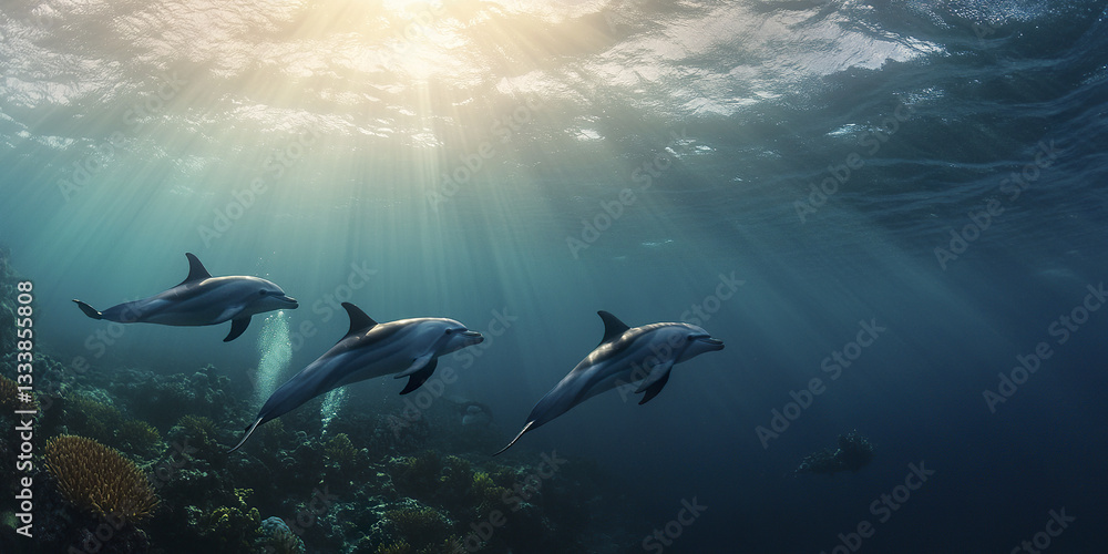 Naklejka premium pod of dolphins gracefully swims near coral drop off
