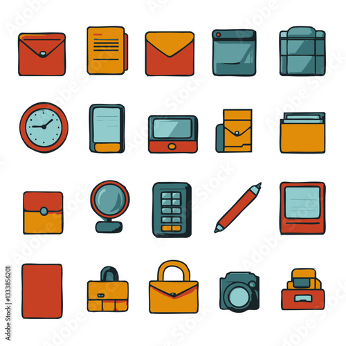 collection of colorful office communication icons including envelopes, documents, and devices, showcasing professional and modern design