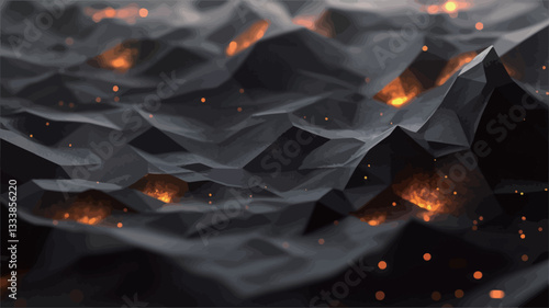 Close-up view of a digitally rendered abstract landscape.  The surface is predominantly dark grey and black, exhibiting a textured, rough, and craggy appearance, reminiscent of a volcanic or