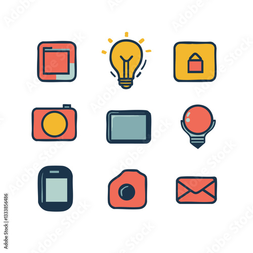 collection of colorful, flat design icons representing various technology and business concepts, including light bulb, camera, and envelope, on white background