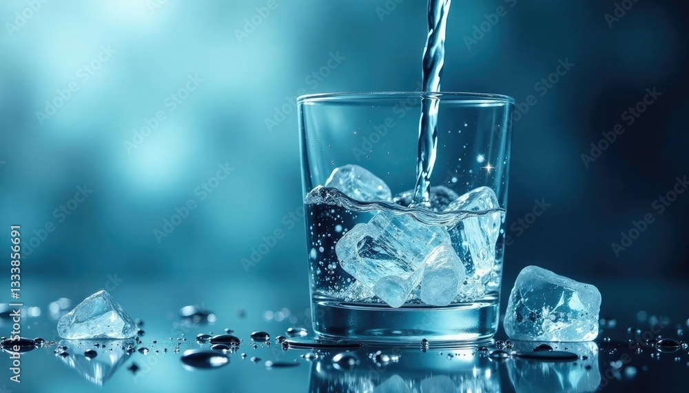 Water droplets fall on glass surface with ice shards inside, water, sparkling Water droplets fall on glass surface with ice shards inside, water, sparkling