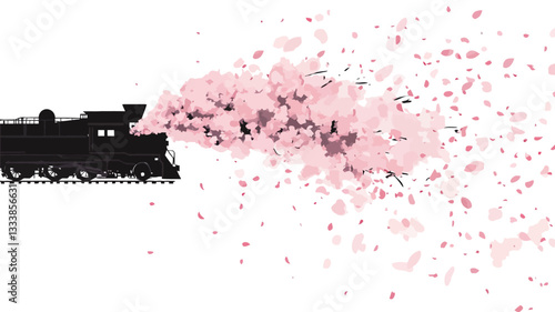 The image is a stylized illustration featuring a black silhouette of a steam locomotive on a white background.  Pink blossoms or petals are depicted emanating from the smokestack of the train,