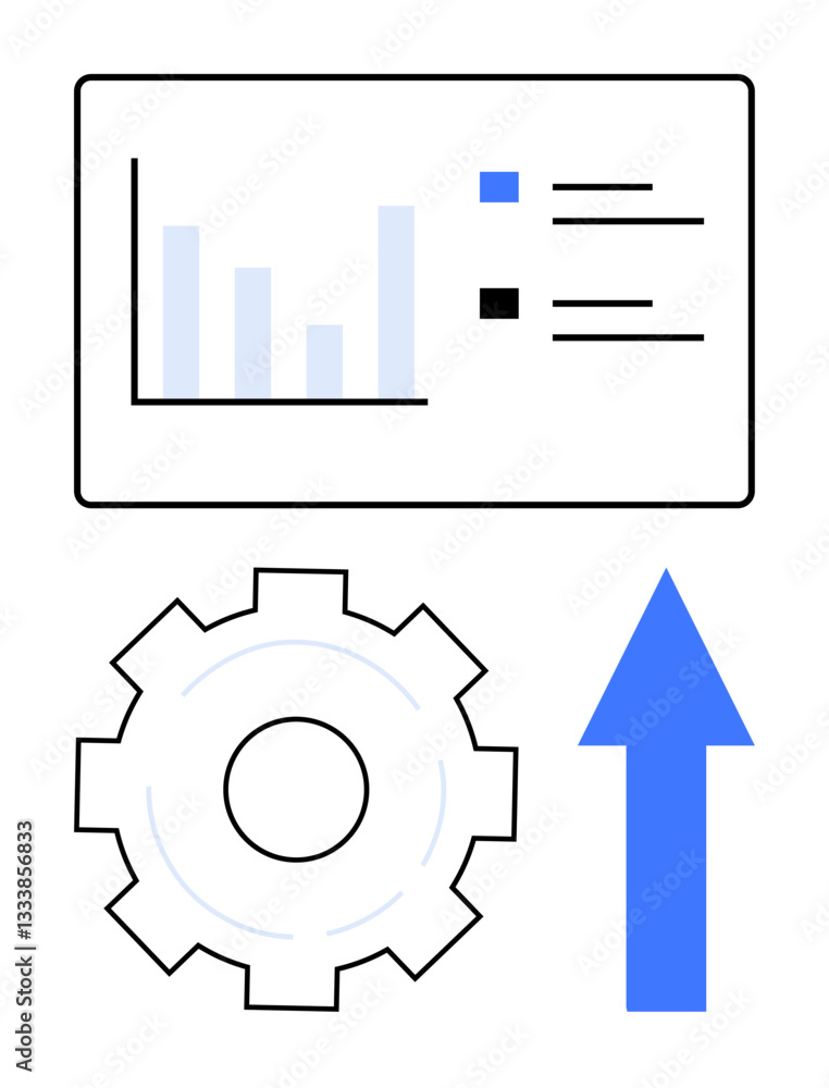 Data graph for progress tracking, gear symbolizing processes, and blue arrow for upward growth. Ideal for business, success, strategy, analytics, operations productivity improvement. Flat simple Data graph for progress tracking, gear symbolizing processes, and blue arrow for upward growth. Ideal for business, success, strategy, analytics, operations productivity improvement. Flat simple