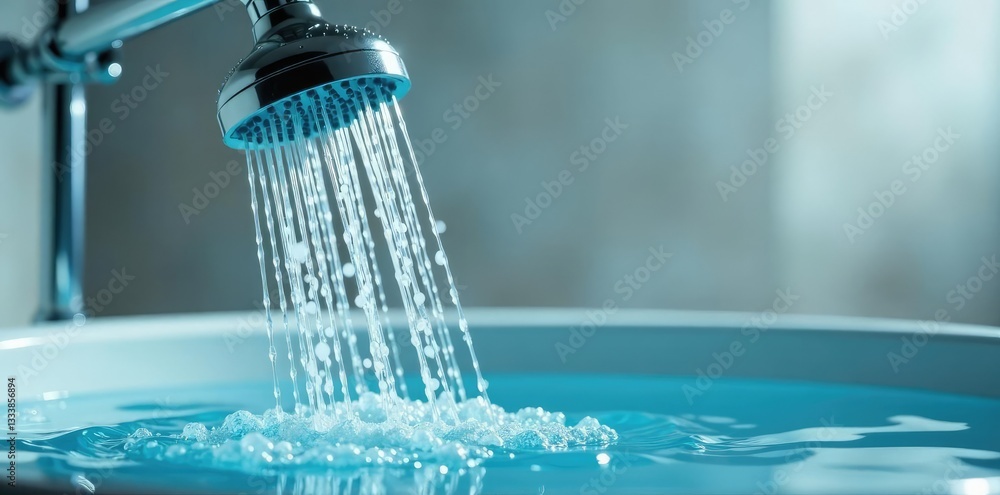 Water droplets falling from a showerhead into the tub, bubble, water, liquid Water droplets falling from a showerhead into the tub, bubble, water, liquid