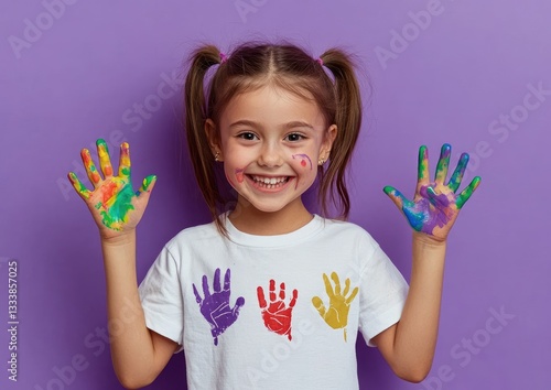 A young girl with her hands covered in colorful paint, posing for the camera against a pastel purple background