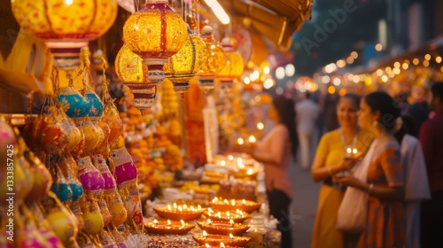 Illuminated Lanterns and Diyas Adorn Festive Market Stall