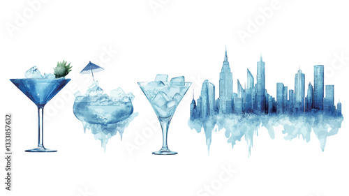 A digital illustration depicting two martini glasses partially filled with ice, a melting ice cube, and a stylized cityscape reflected in a pool of melting ice. The style is minimalist and