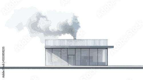 The image presents a side elevation architectural rendering of a modern, single-story building. The building features a flat roof with a visible chimney emitting grey smoke.  The facade is