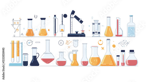 The image is a flat-design vector illustration showcasing a collection of various laboratory equipment and tools.  The items are depicted in a stylized, simplified manner with a limited color