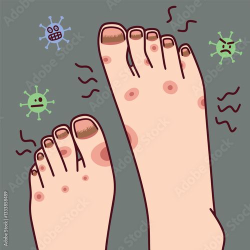 Feet with red spots and infection, showing signs of a skin disease. Bacteria and viruses surrounding the affected area.