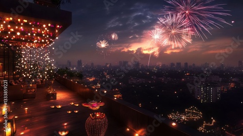 Rooftop Diwali Celebration Cityscape Fireworks