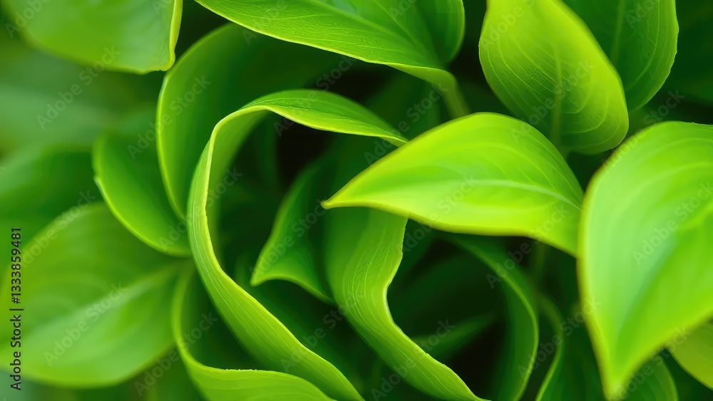 Delicate green leaves overlap in a swirl of organic shapes, closeup, abstract, color gradation Delicate green leaves overlap in a swirl of organic shapes, closeup, abstract, color gradation