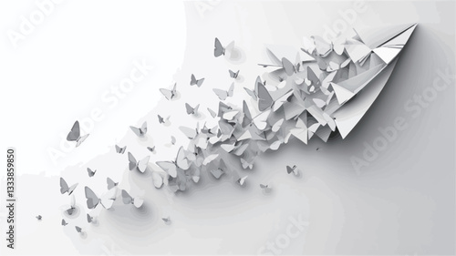The image presents an abstract composition featuring a stylized arrow seemingly disintegrating into numerous small, triangular fragments.  The arrow and fragments are monochromatic, rendered in