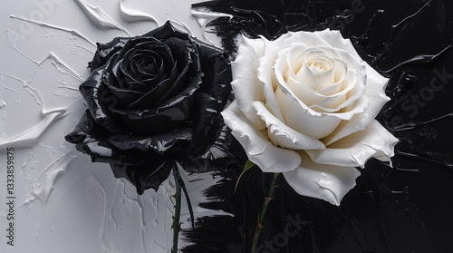 Fototapeta Naklejka Na Ścianę i Meble -  Timeless pure white rose set against dramatic black and white splash on the wall for a bold visual impact  Abstract Floral Wallpaper