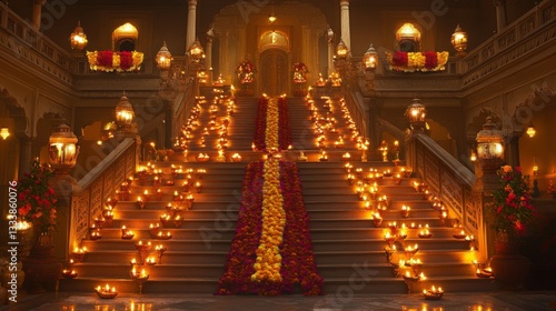 Illuminated Grand Staircase Adorned With Flowers And Lights