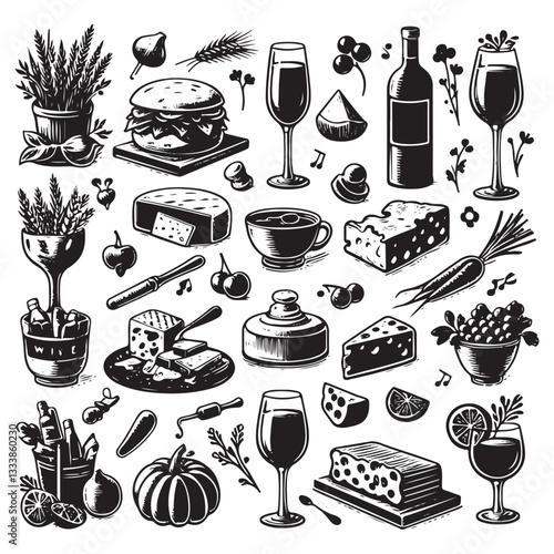 chalk food vector illustrations. wedding dinner icons, wine or champagne glass, cheese, and charcuterie drawings for wedding invitations, cafe menus, and parties vector silhouette