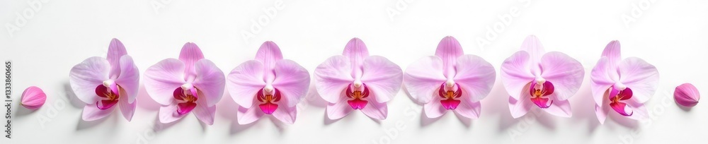 Delicate orchid petals unfolding on a pure white background, leafy, nature Delicate orchid petals unfolding on a pure white background, leafy, nature