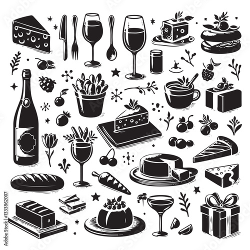 chalk food vector illustrations. wedding dinner icons, wine or champagne glass, cheese, and charcuterie drawings for wedding invitations, cafe menus, and parties vector silhouette