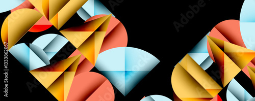 Abstract geometric pattern with intersecting circles and triangles in gradients. The high-contrast composition creates depth and a dynamic, modern aesthetic