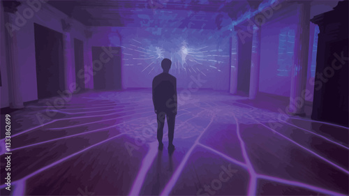 The image shows a silhouette of a person standing in a large, dark interior space. The floor and walls are illuminated with a complex projection of purple lines creating a geometric pattern. The