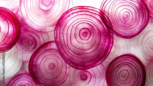 Close up of thinly sliced red onions translucent layers with vivid purple hues