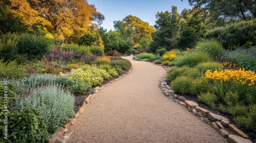 Serene Garden Pathway Surrounded by Colorful Blooms and Greenery Serene Garden Pathway Surrounded by Colorful Blooms and Greenery
