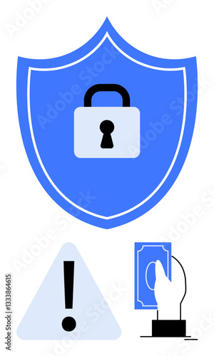 Blue shield with lock for security, warning triangle for caution, hand holding money for payment. Ideal for finance, security, online transactions, caution, protection trust risk management. Flat