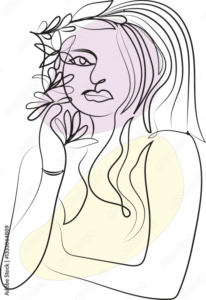 Abstract face with flowers by one line vector drawing Portrait minimalistic style Abstract face with flowers by one line vector drawing Portrait minimalistic style