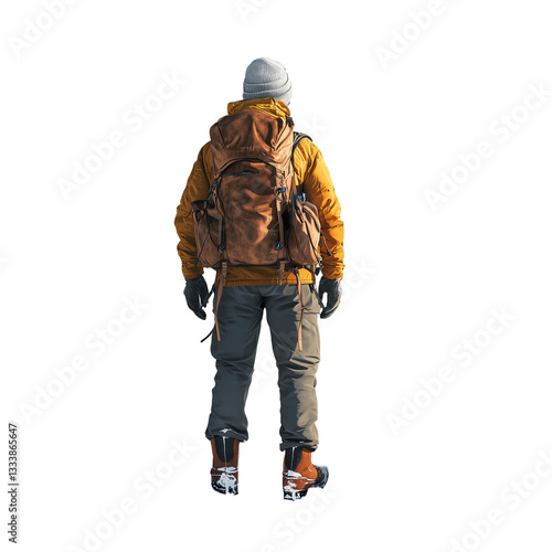 Traveler with backpack on snowy mountain peak, isolated on transparent background 