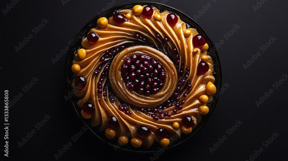 A gourmet Simnel cake plated in a spiral pattern, with precisely arranged marzipan droplets and fruit compote swirls, against a deep black background A gourmet Simnel cake plated in a spiral pattern, with precisely arranged marzipan droplets and fruit compote swirls, against a deep black background