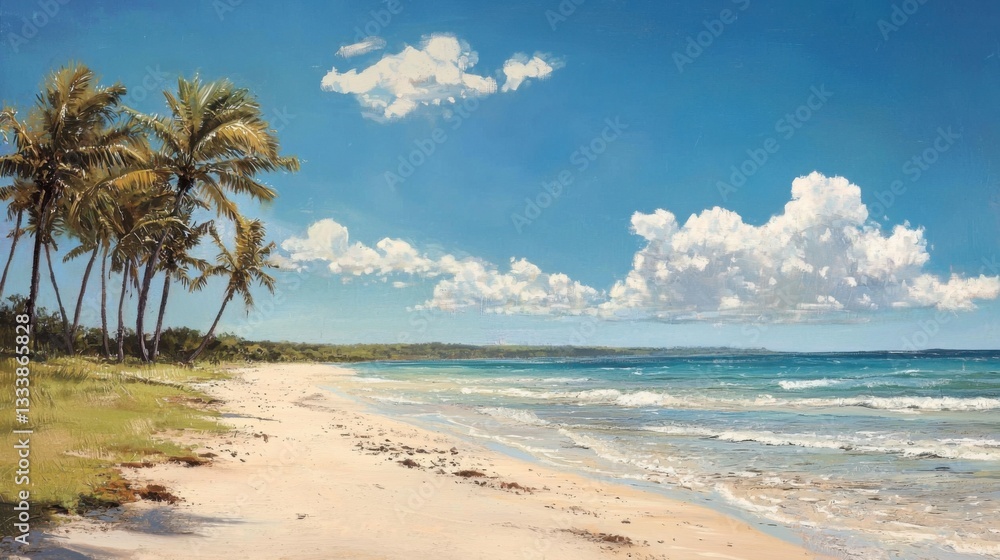 A tranquil beach features golden sand bordered by swaying palm trees under a bright blue sky with fluffy white clouds. Gentle waves lap at the shore, creating a serene atmosphere A tranquil beach features golden sand bordered by swaying palm trees under a bright blue sky with fluffy white clouds. Gentle waves lap at the shore, creating a serene atmosphere