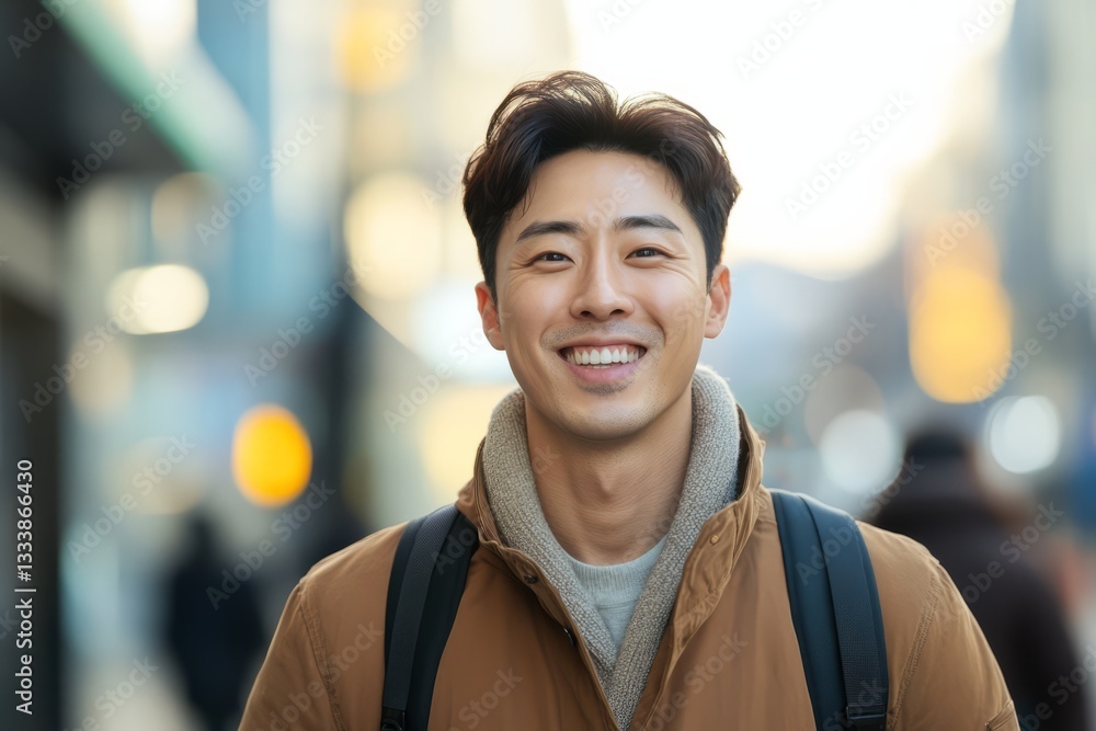 Portrait of a happy South Korean man walking on street on a blurred background smiling at the camera
Portrait of a happy South Korean man walking on street on a blurred background smiling at the camera