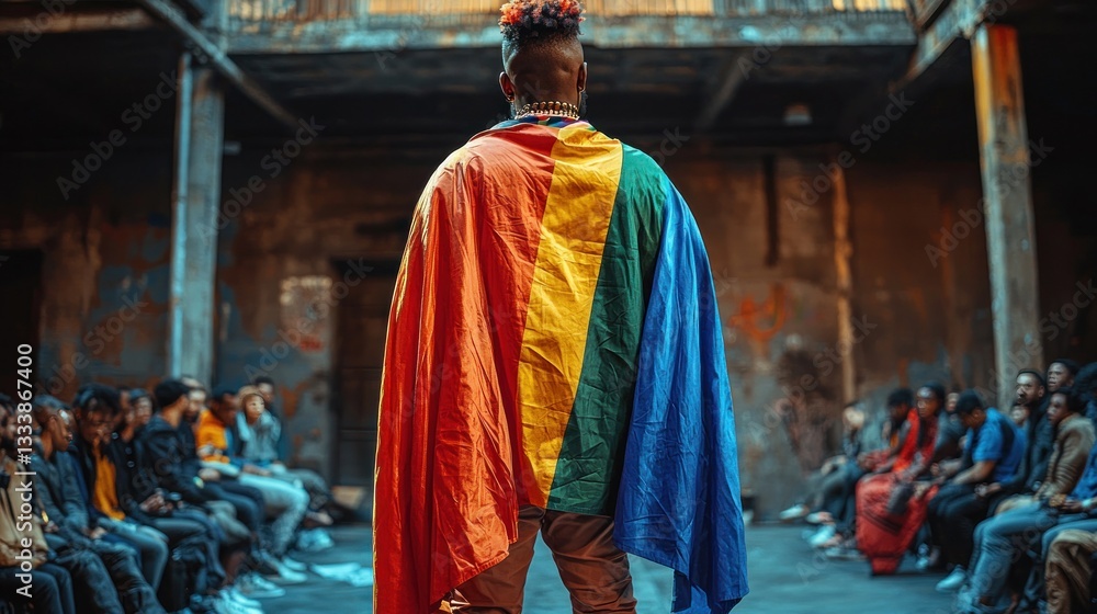 Fototapeta premium Pride speaker addresses audience in urban courtyard