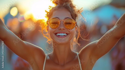 Happy woman enjoys sunset music festival