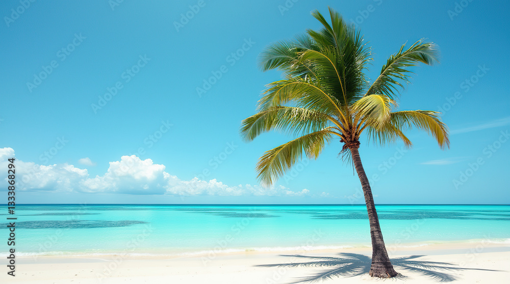 Escape to a tropical beach with a palm tree and sparkling turquoise blue water. Escape to a tropical beach with a palm tree and sparkling turquoise blue water.