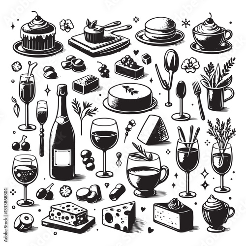 chalk food vector illustrations. wedding dinner icons, wine or champagne glass, cheese, and charcuterie drawings for wedding invitations, cafe menus, and parties vector silhouette