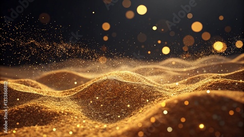 digital abstract of golden undulating surfaces with glitter particles and bokeh lights on a dark background conveying luxury, magic, and the beauty of texture and sparkleabstract background with stars